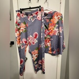 Natori Bali Pajama Set Blue Floral  Top Pants Rayon Luxury Womens Size XL